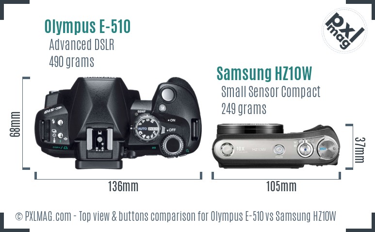 Olympus E-510 vs Samsung HZ10W top view buttons comparison