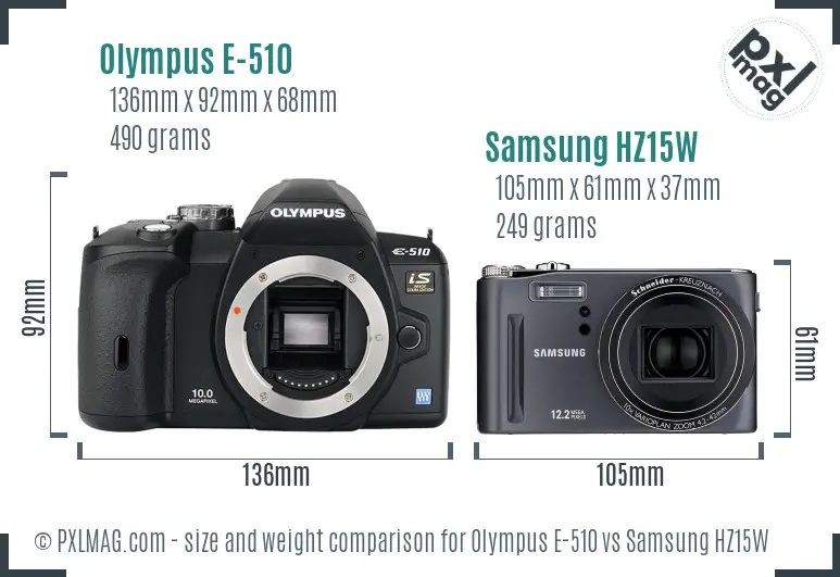 Olympus E-510 vs Samsung HZ15W size comparison