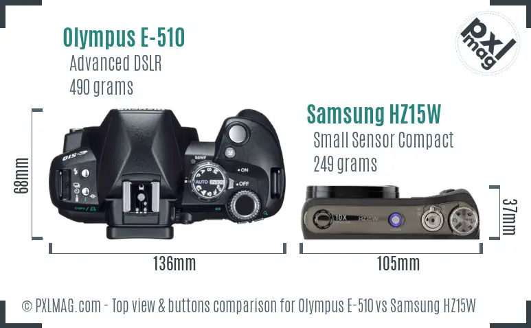 Olympus E-510 vs Samsung HZ15W top view buttons comparison