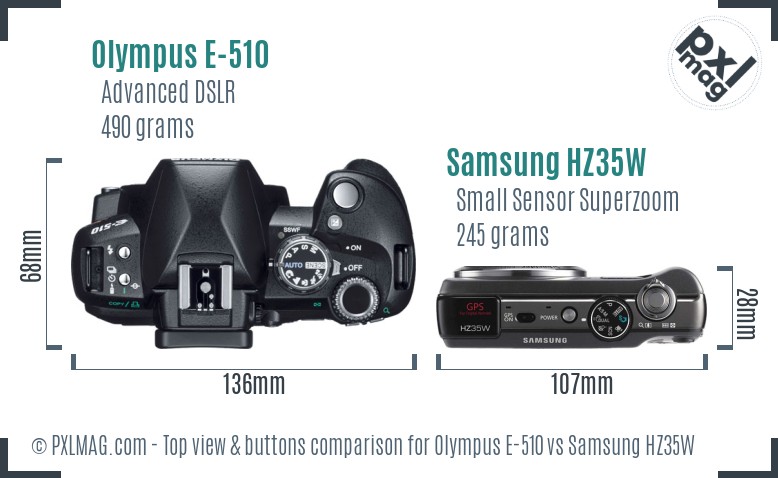 Olympus E-510 vs Samsung HZ35W top view buttons comparison