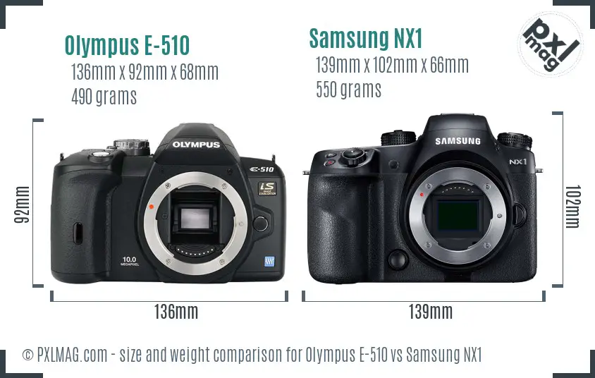 Olympus E-510 vs Samsung NX1 size comparison Olympus E-510 vs Samsung NX1 size comparison