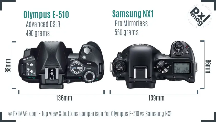 Olympus E-510 vs Samsung NX1 top view buttons comparison Olympus E-510 vs Samsung NX1 top view buttons comparison