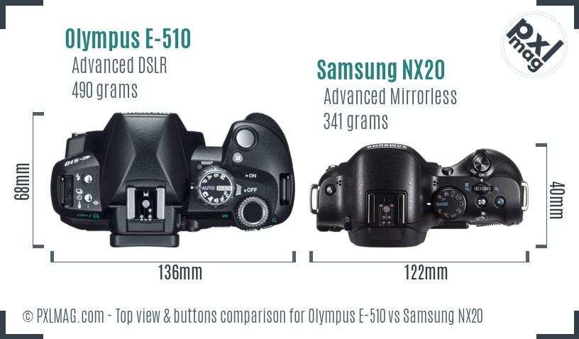 Olympus E-510 vs Samsung NX20 top view buttons comparison
