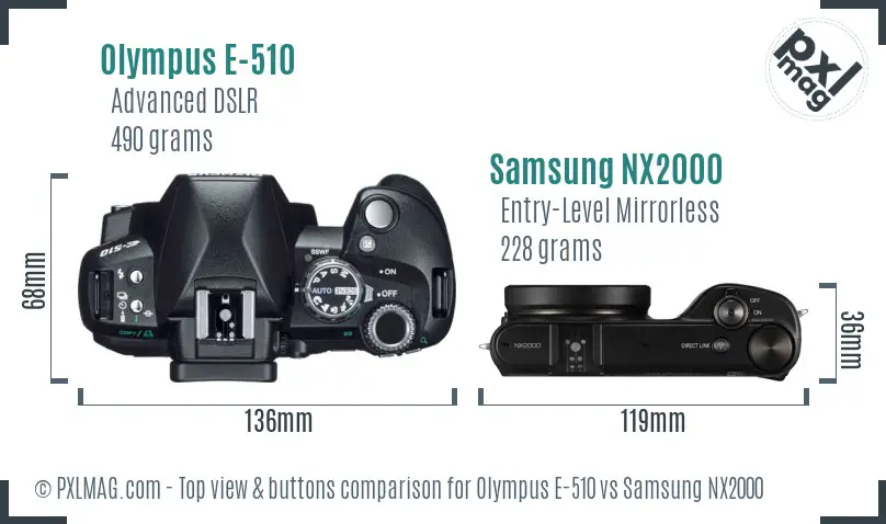 Olympus E-510 vs Samsung NX2000 top view buttons comparison