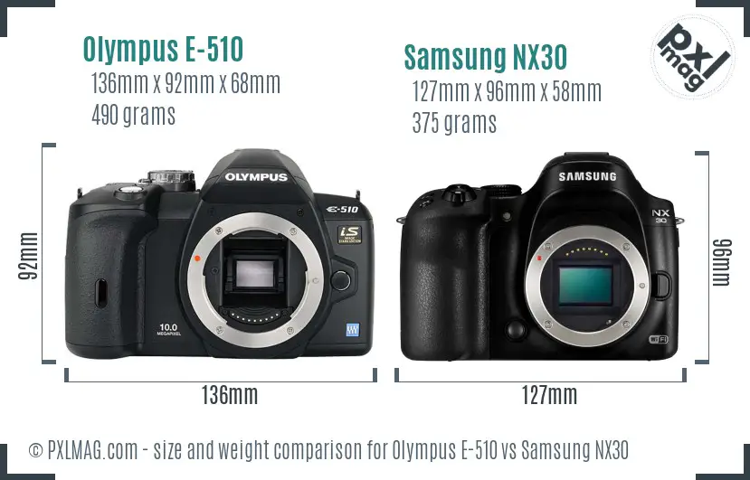 Olympus E-510 vs Samsung NX30 size comparison Olympus E-510 vs Samsung NX30 size comparison