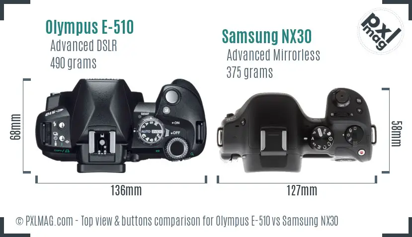 Olympus E-510 vs Samsung NX30 top view buttons comparison