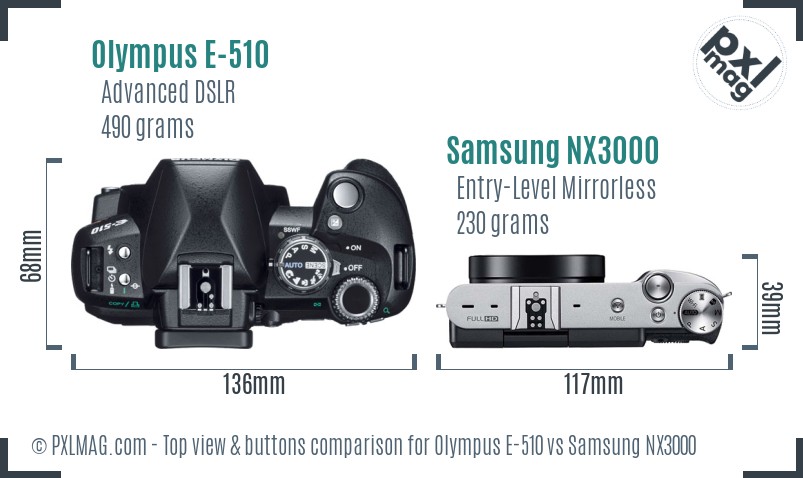 Olympus E-510 vs Samsung NX3000 top view buttons comparison
