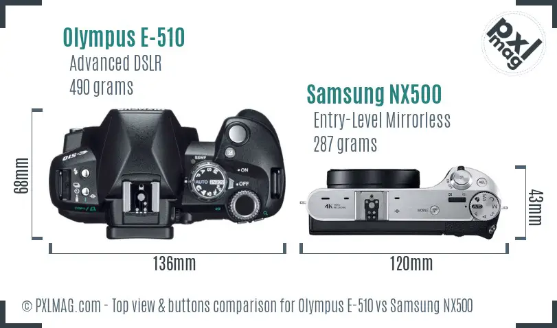 Olympus E-510 vs Samsung NX500 top view buttons comparison Olympus E-510 vs Samsung NX500 top view buttons comparison