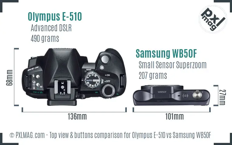 Olympus E-510 vs Samsung WB50F top view buttons comparison Olympus E-510 vs Samsung WB50F top view buttons comparison