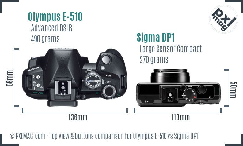 Olympus E-510 vs Sigma DP1 top view buttons comparison
