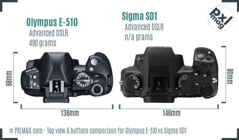 Olympus E-510 vs Sigma SD1 top view buttons comparison