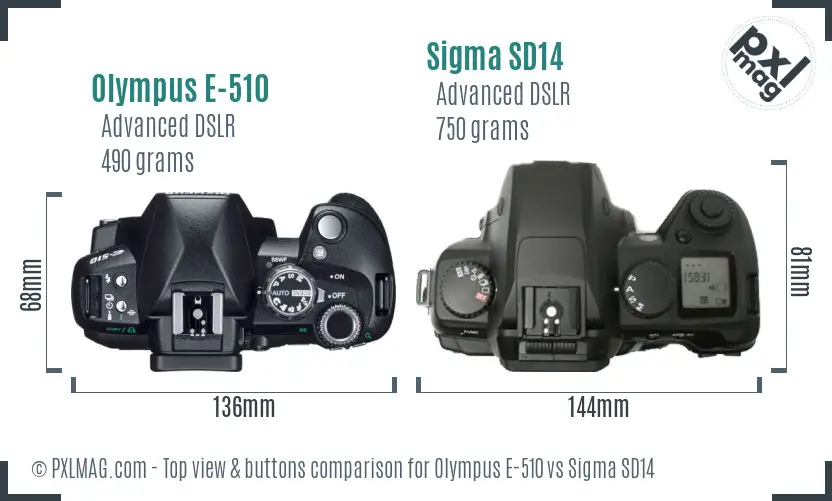 Olympus E-510 vs Sigma SD14 top view buttons comparison