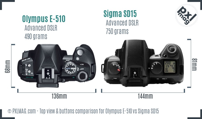 Olympus E-510 vs Sigma SD15 top view buttons comparison