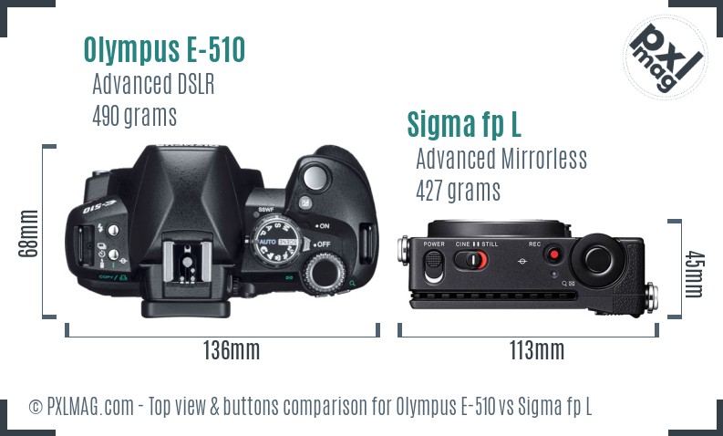 Olympus E-510 vs Sigma fp L top view buttons comparison