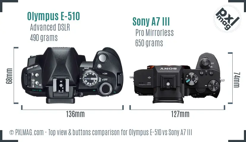 Olympus E-510 vs Sony A7 III top view buttons comparison
