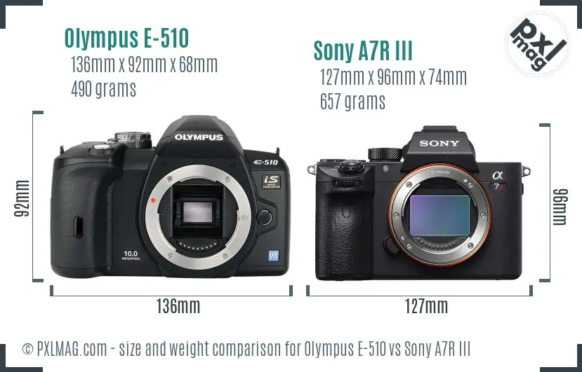 Olympus E-510 vs Sony A7R III size comparison