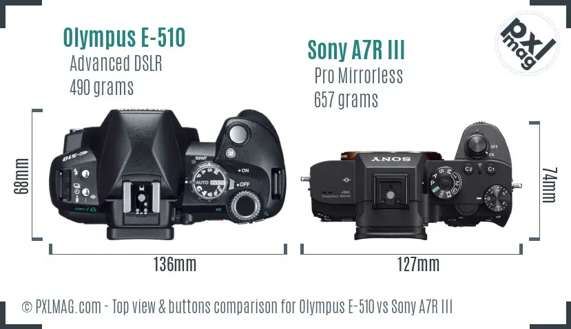 Olympus E-510 vs Sony A7R III top view buttons comparison