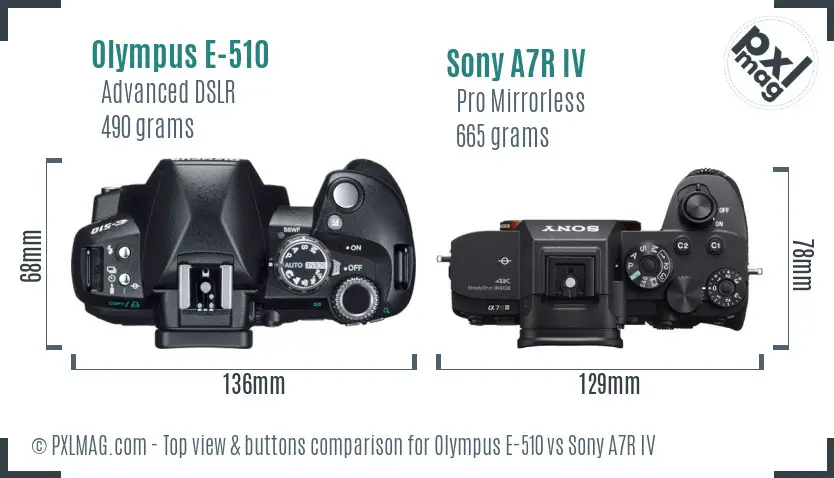 Olympus E-510 vs Sony A7R IV top view buttons comparison