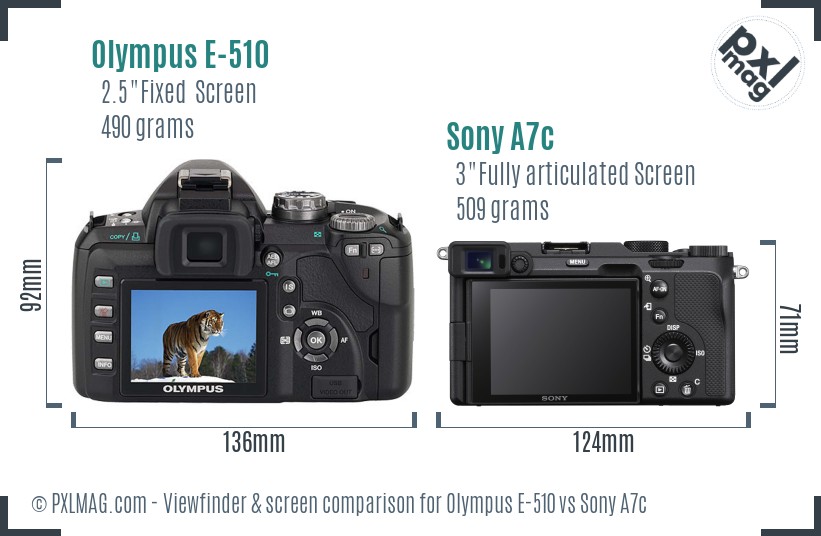 Olympus E-510 vs Sony A7c Screen and Viewfinder comparison