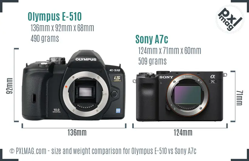 Olympus E-510 vs Sony A7c size comparison