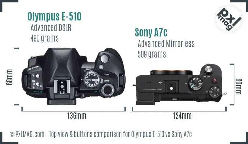 Olympus E-510 vs Sony A7c top view buttons comparison