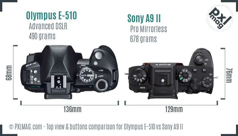 Olympus E-510 vs Sony A9 II top view buttons comparison