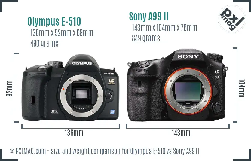 Olympus E-510 vs Sony A99 II size comparison