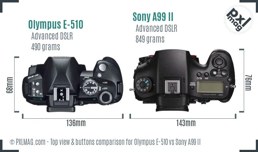 Olympus E-510 vs Sony A99 II top view buttons comparison