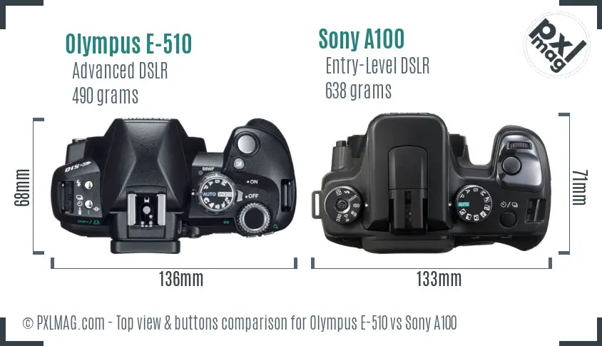 Olympus E-510 vs Sony A100 top view buttons comparison