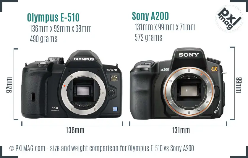 Olympus E-510 vs Sony A200 size comparison