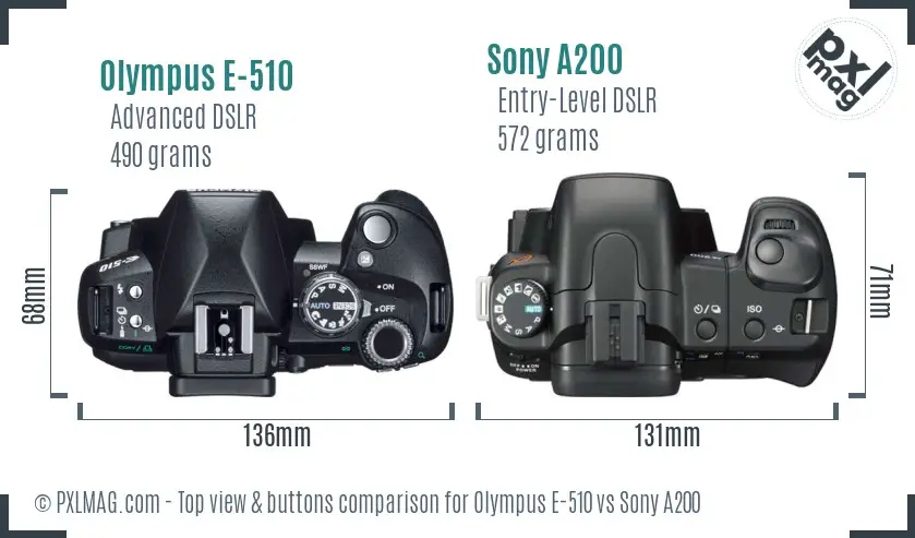 Olympus E-510 vs Sony A200 top view buttons comparison