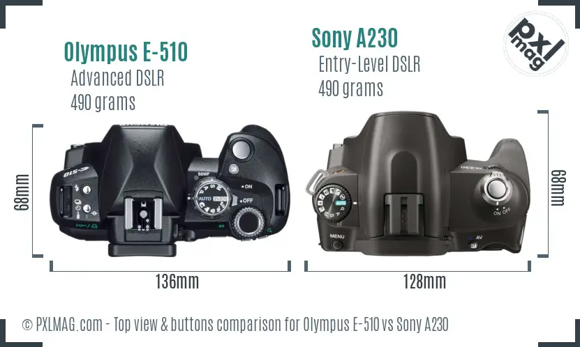 Olympus E-510 vs Sony A230 top view buttons comparison