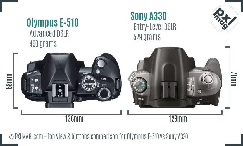 Olympus E-510 vs Sony A330 top view buttons comparison