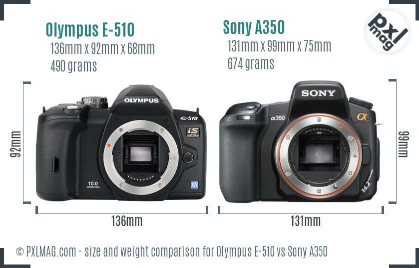 Olympus E-510 vs Sony A350 size comparison