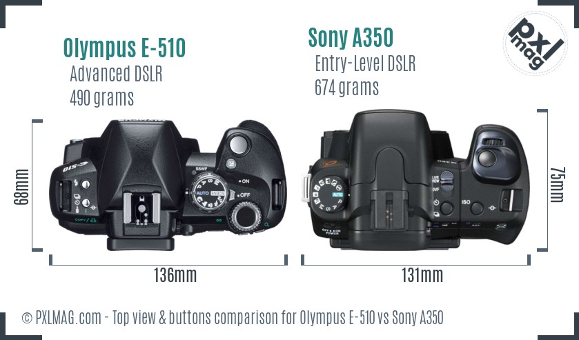 Olympus E-510 vs Sony A350 top view buttons comparison
