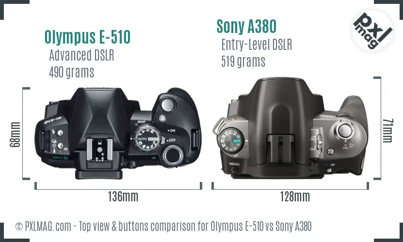 Olympus E-510 vs Sony A380 top view buttons comparison