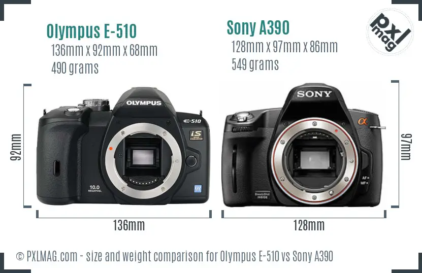 Olympus E-510 vs Sony A390 size comparison Olympus E-510 vs Sony A390 size comparison