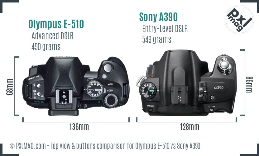 Olympus E-510 vs Sony A390 top view buttons comparison Olympus E-510 vs Sony A390 top view buttons comparison
