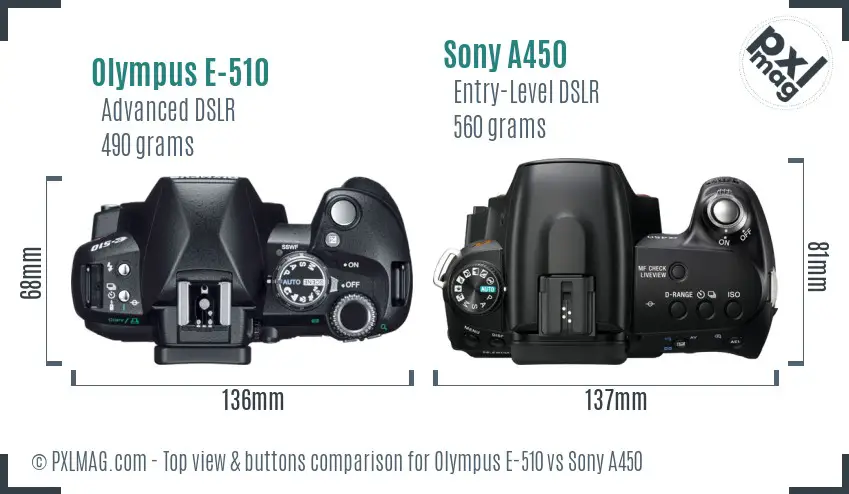 Olympus E-510 vs Sony A450 top view buttons comparison