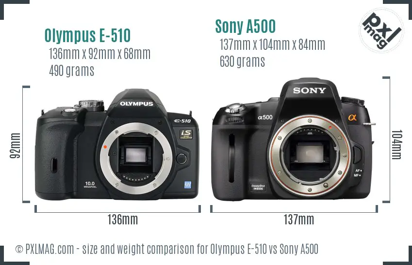 Olympus E-510 vs Sony A500 size comparison