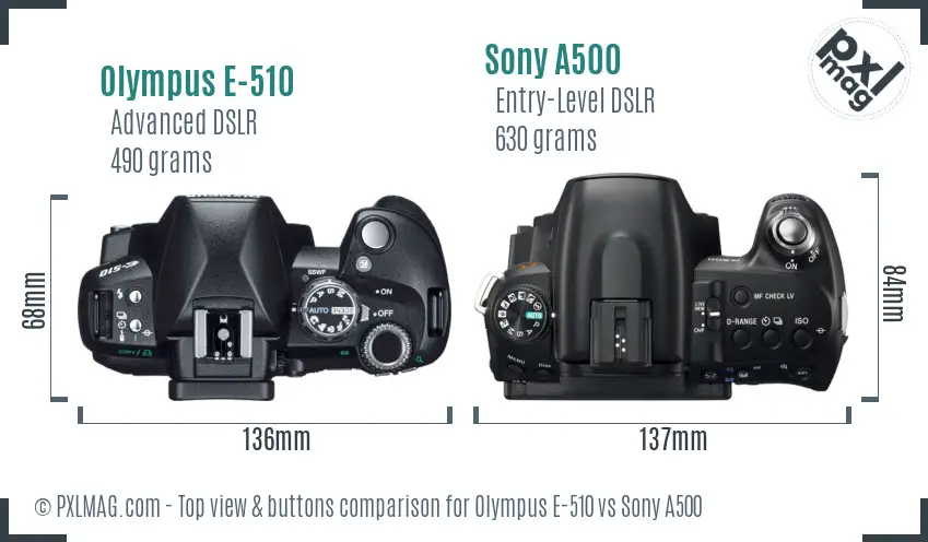 Olympus E-510 vs Sony A500 top view buttons comparison