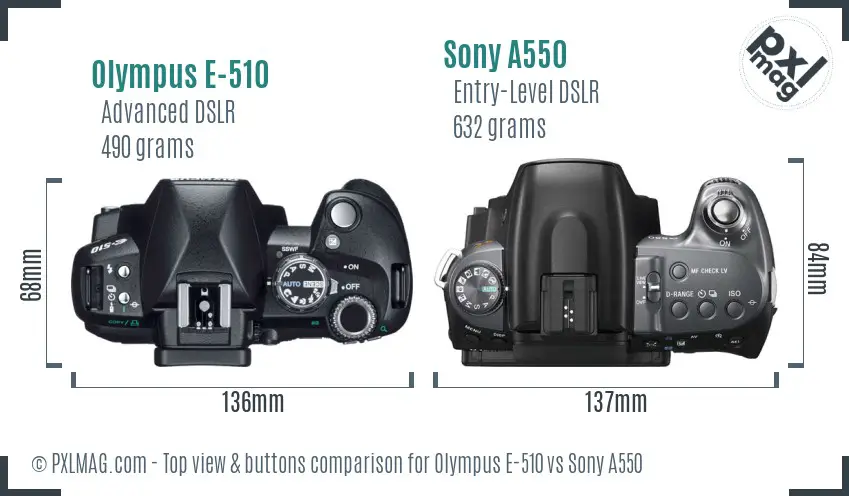 Olympus E-510 vs Sony A550 top view buttons comparison