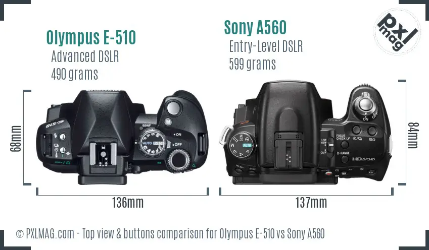 Olympus E-510 vs Sony A560 top view buttons comparison