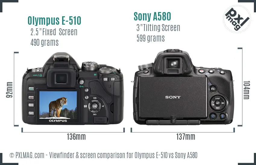 Olympus E-510 vs Sony A580 Screen and Viewfinder comparison