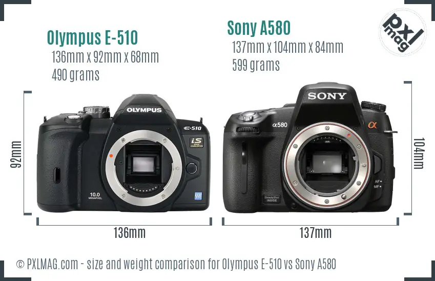 Olympus E-510 vs Sony A580 size comparison