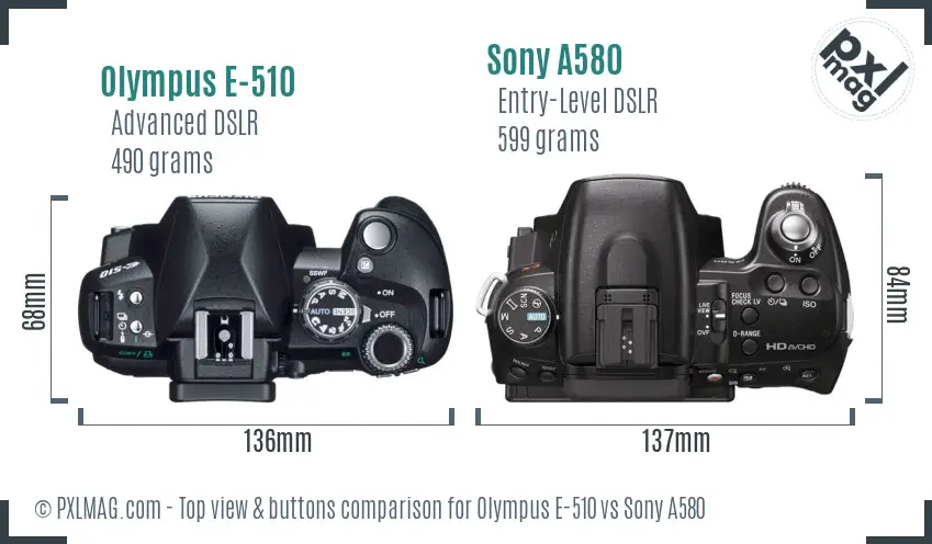 Olympus E-510 vs Sony A580 top view buttons comparison