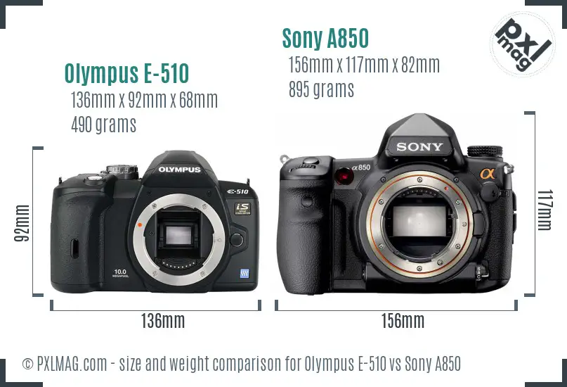 Olympus E-510 vs Sony A850 size comparison