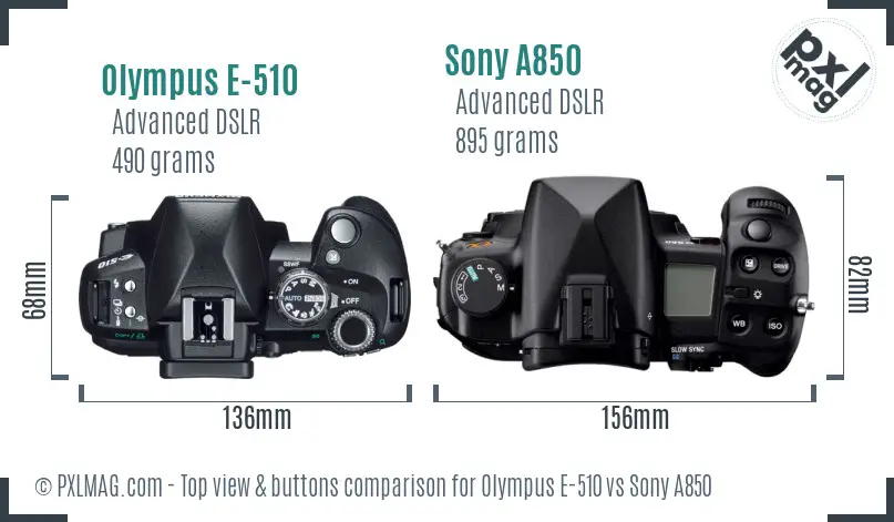 Olympus E-510 vs Sony A850 top view buttons comparison