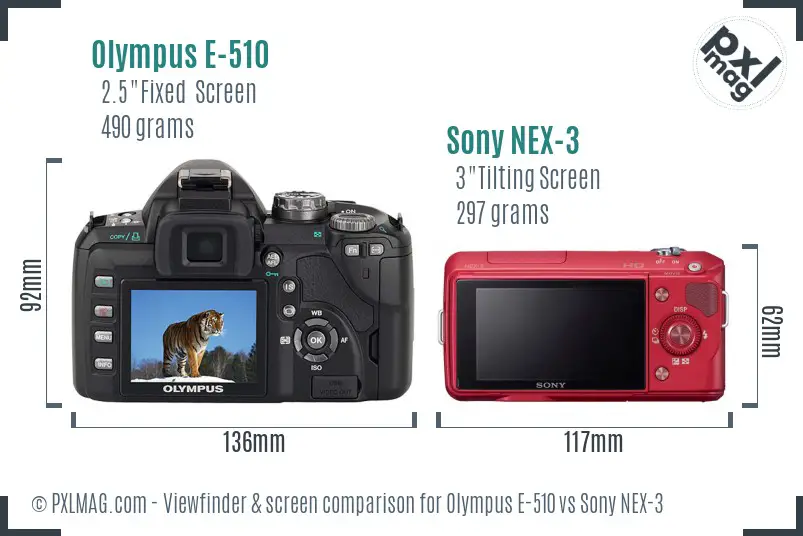 Olympus E-510 vs Sony NEX-3 Screen and Viewfinder comparison