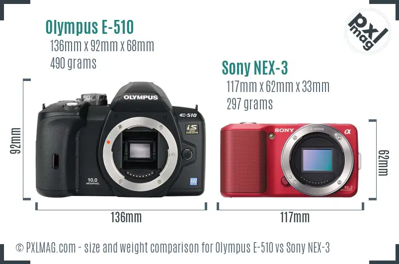 Olympus E-510 vs Sony NEX-3 size comparison